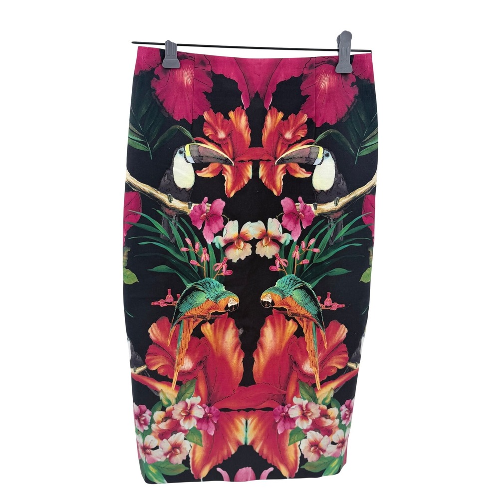 Ted Baker London Tropical Toucan Parrot Floral Pencil Skirt Black Size 1 US‎ 4